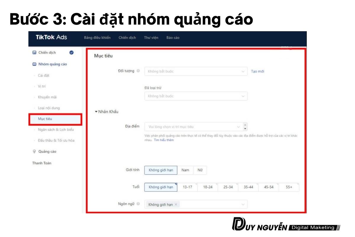 cài đặt nhóm quảng cáo tiktok