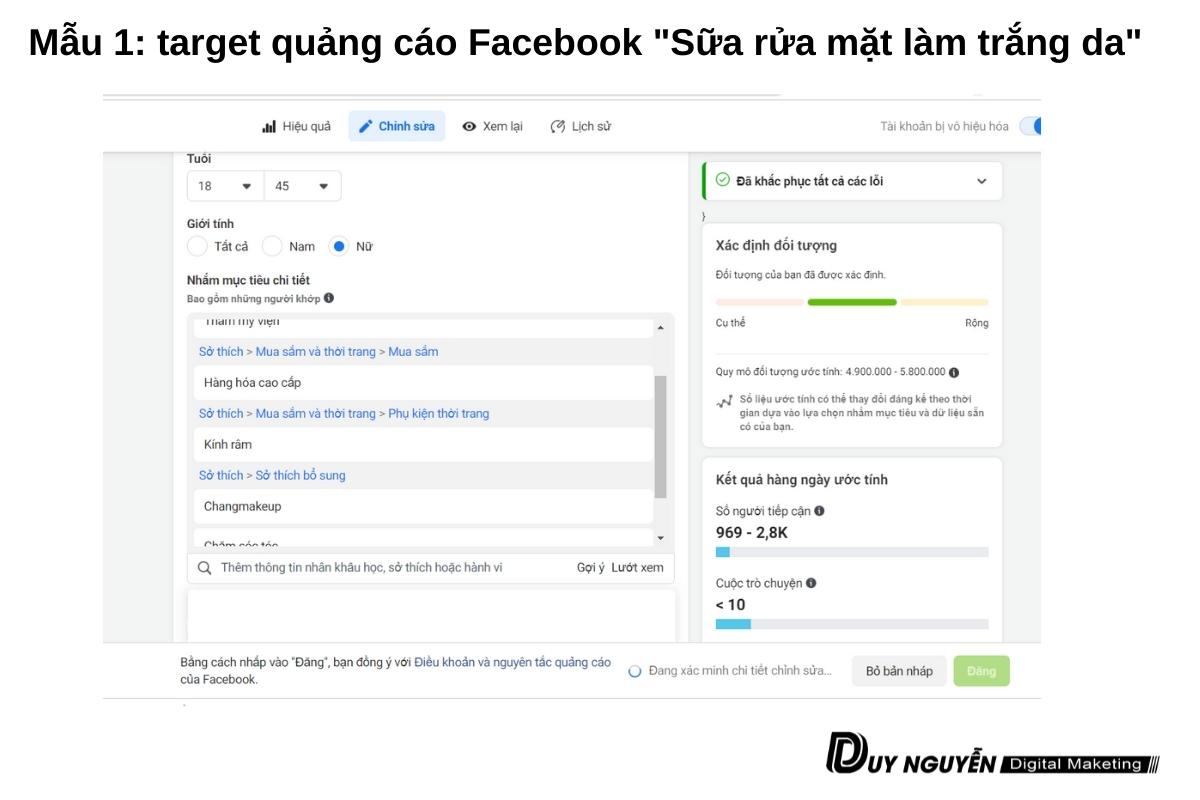 Mẫu 1 target sửa rửa mặt trắng da