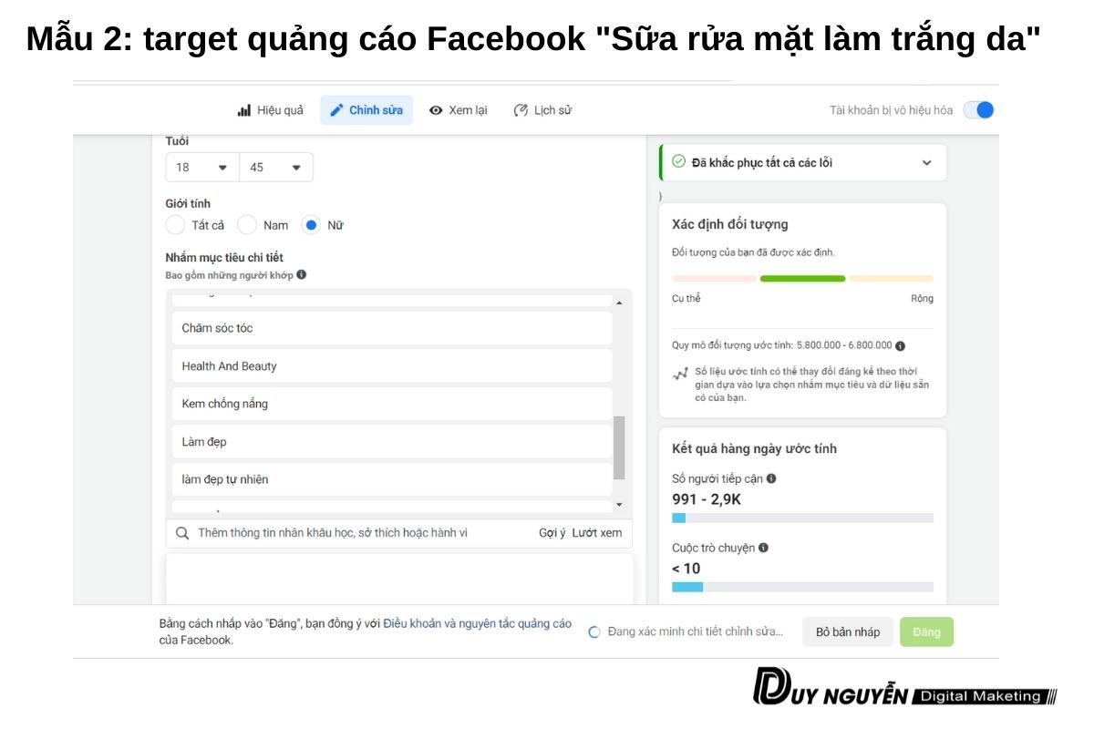 Mẫu 2 target sửa rửa mặt trắng da