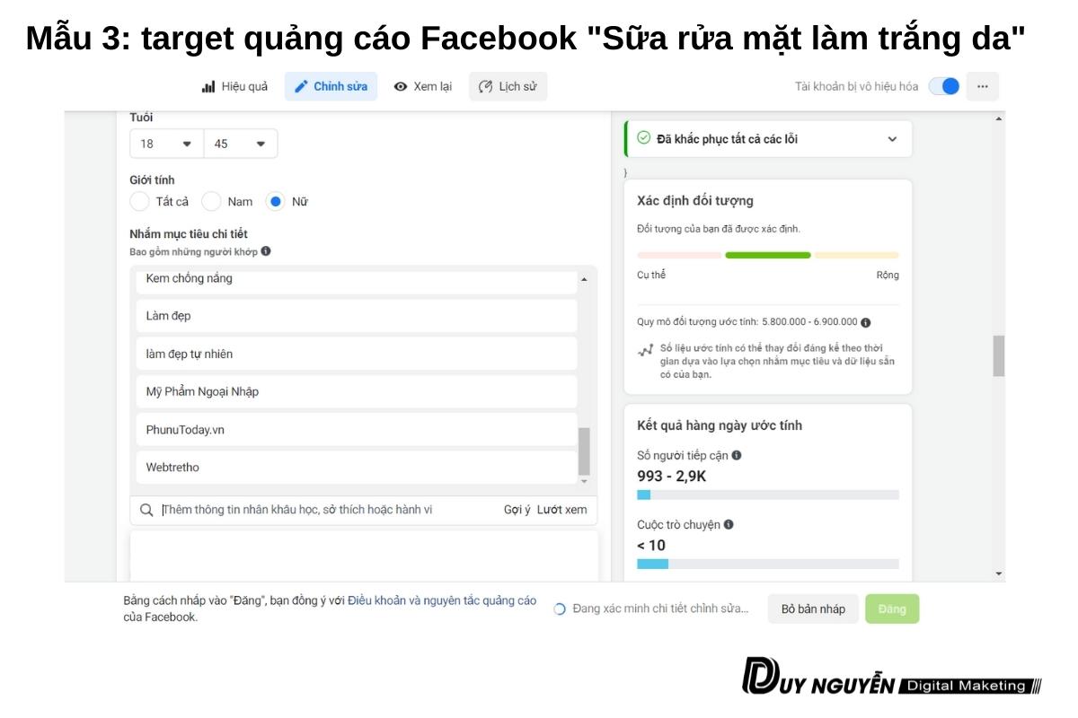 Mẫu 3 target sửa rửa mặt trắng da