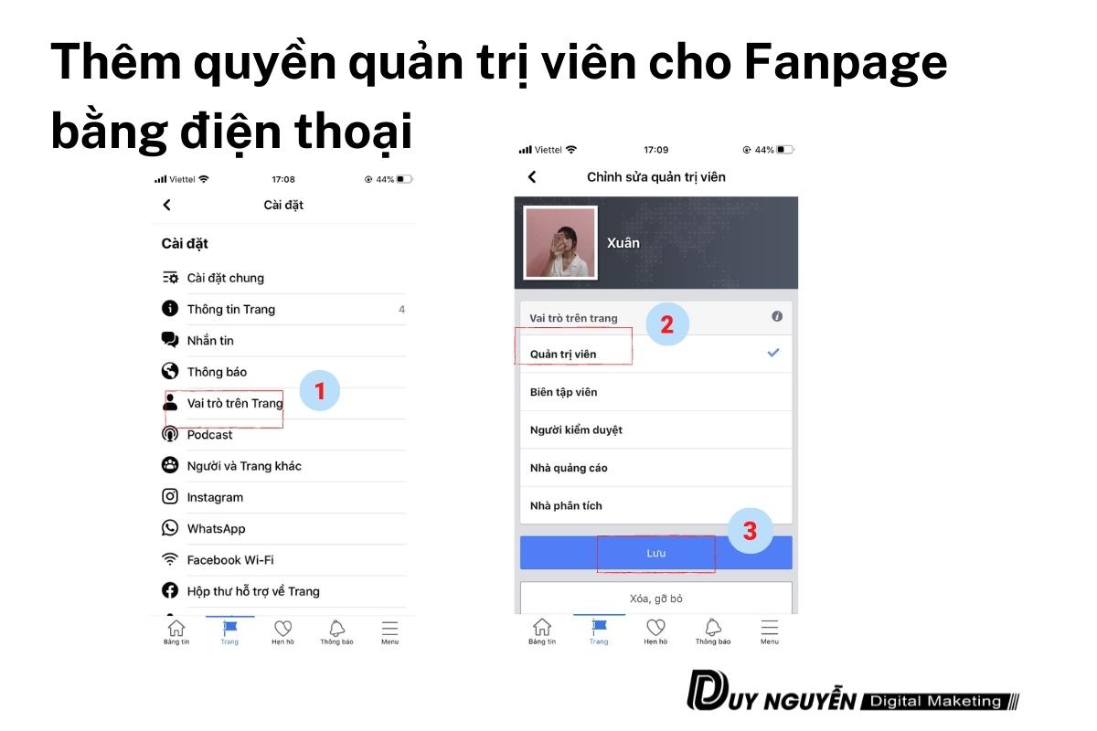 thêm quyền quản trị viên cho fanpage bằng điện thoại 