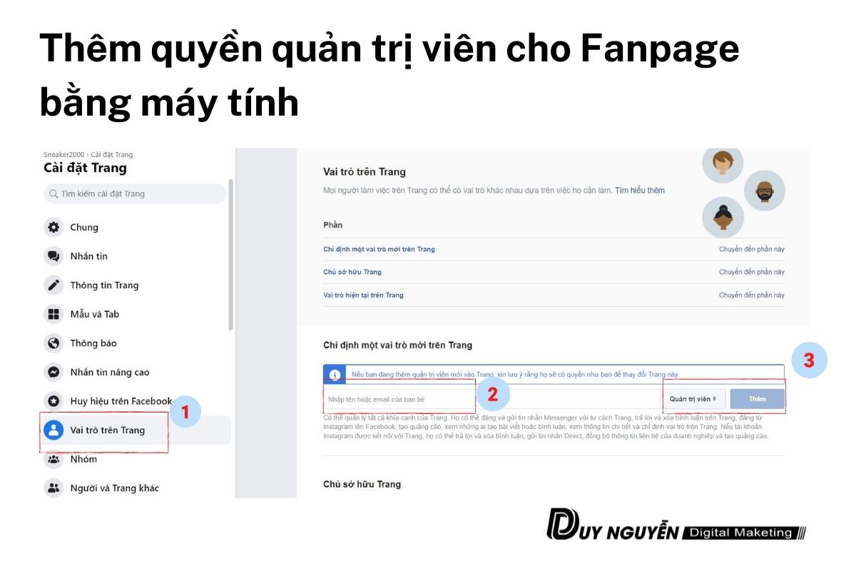 thêm quyền quản trị viên cho fanpage bằng máy tính